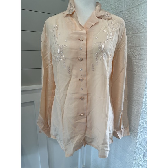 Shin Chun Shirt Womens Peach 100% Silk Hand Embroidered Long Sleeve Blouse - Picture 1 of 8